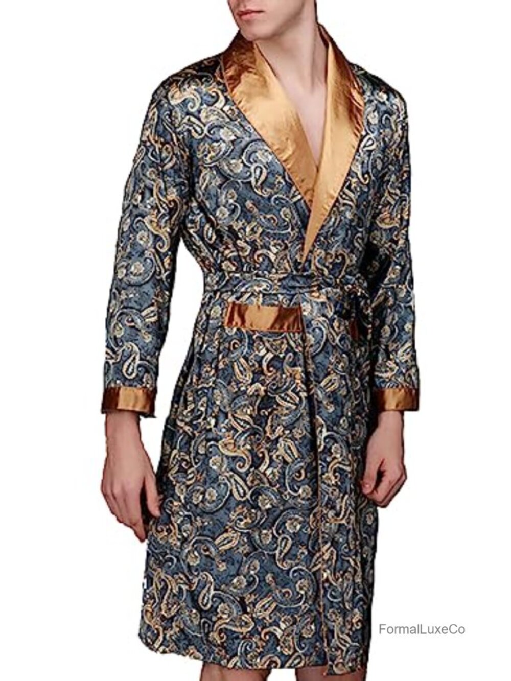Mens Shawl Collar Satin Robe Sleepwear with Waist Tie and Pockets